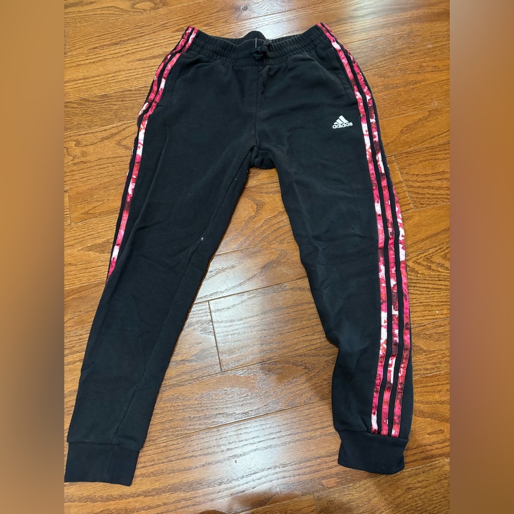 Adidas Black Joggers with Pink Stripes